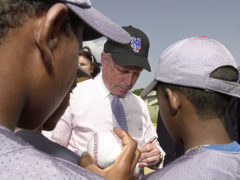 Mike Bloomberg signing baseball