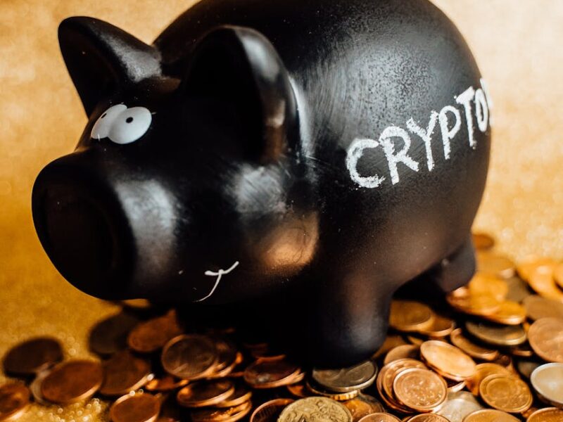 a black piggy bank in the middle of coins