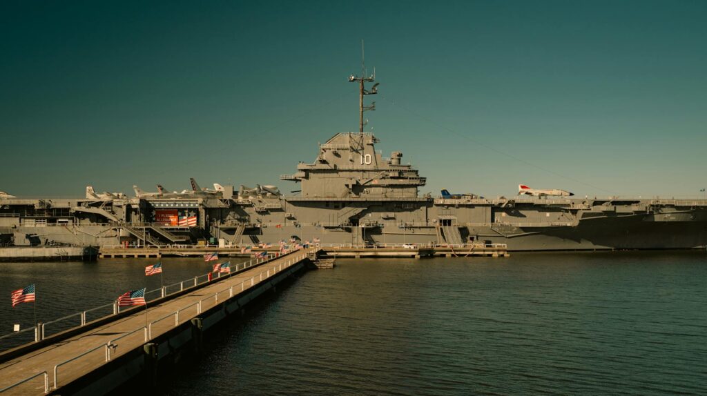 uss yorktown aircraft carrier in harbor