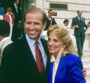 Washington, DC. USA, June 9, 1987 Senator Joe Biden after announcing his candidacy for president earlier in the morning, with his wife Doctor Jill Biden outside the Dirksen Senate office building