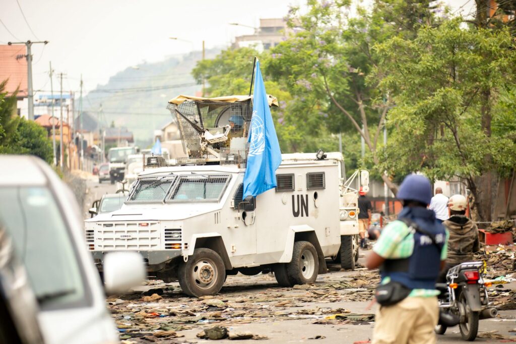 un armored vehicle in urban conflict zone