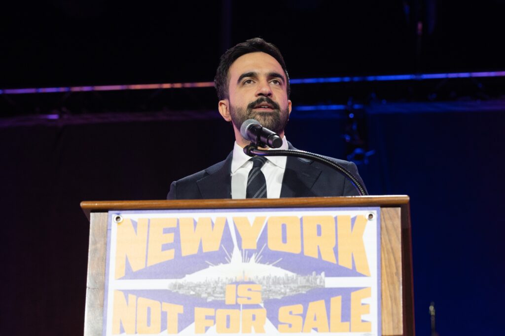 Mayoral candidate Zohran Mamdani speaks during 'New York is not for sale' rally at Forest Hill Stadium in New York on October 26, 2025.