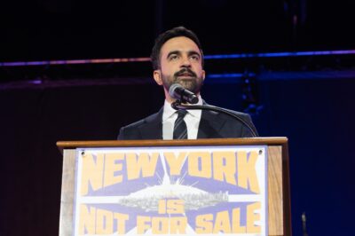 Mayoral candidate Zohran Mamdani speaks during 'New York is not for sale' rally at Forest Hill Stadium in New York on October 26, 2025.