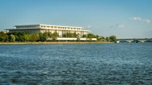 panorama of john f kennedy center for the performing arts on potomac river usa
