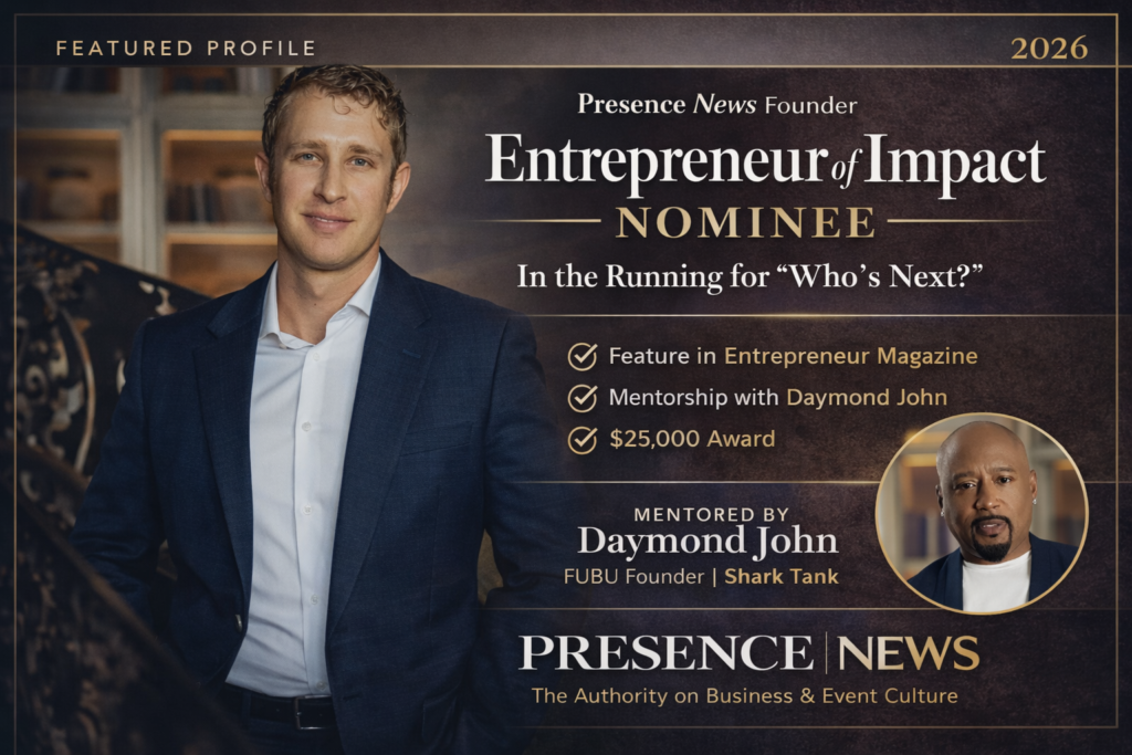 Kasdyn Click, founder of Presence News, featured as a 2026 Entrepreneur of Impact nominee with mentorship opportunity from Daymond John and potential Entrepreneur Magazine feature