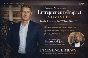 Kasdyn Click, founder of Presence News, featured as a 2026 Entrepreneur of Impact nominee with mentorship opportunity from Daymond John and potential Entrepreneur Magazine feature