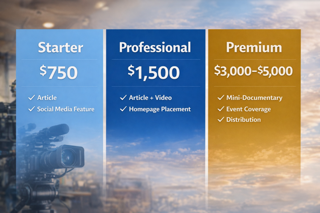 Event coverage pricing packages by Presence News showing Starter $750, Professional $1500, and Premium $3000 to $5000 media coverage options