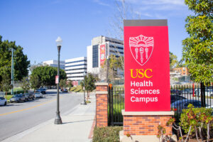 Entrance sign for the Keck School of Medicine of USC at the Health Sciences Campus in Los Angeles, California