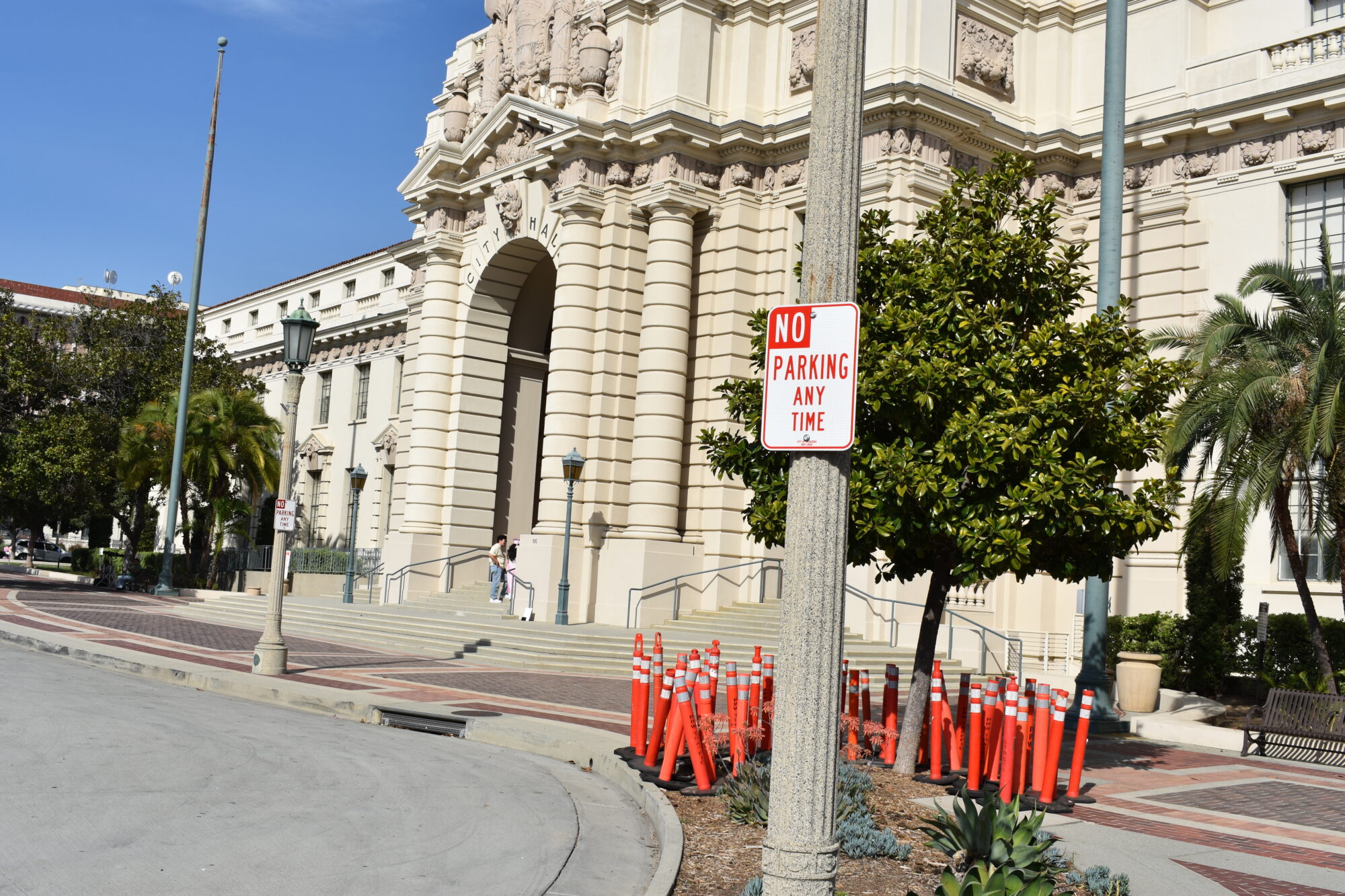 Pasadena City Hall and downtown parking signs in front of City Hall related to CPRA request on parking enforcement