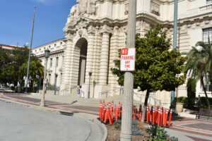 Pasadena City Hall and downtown parking signs in front of City Hall related to CPRA request on parking enforcement