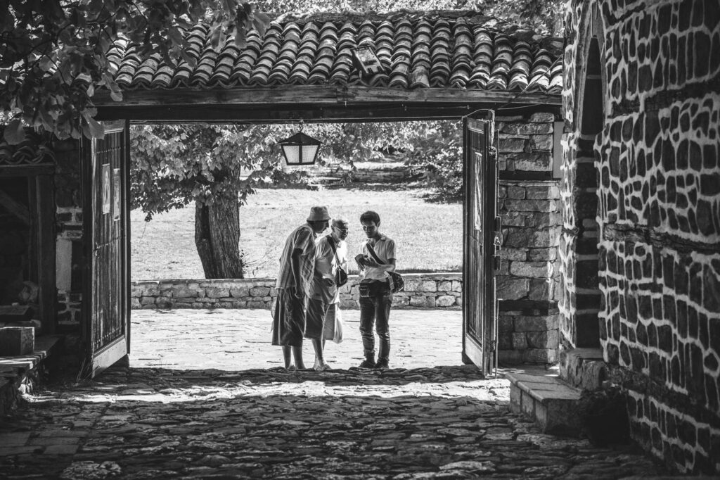 charming black and white courtyard scene