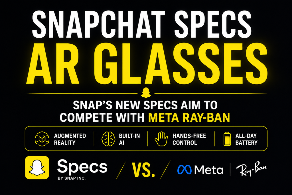 Los Angeles, CA, USA, June 2026: Snapchat launches new glasses called Specs they sent out a mass newsletter via their platform to all users on snapchat. New glasses use AI and is a competitor of Mark Zuckerberg's owned company Meta which is producing Ray Ban glasses a similar product in the marketplace. This picture was created using ChatGPT.