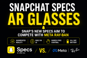 Los Angeles, CA, USA, June 2026: Snapchat launches new glasses called Specs they sent out a mass newsletter via their platform to all users on snapchat. New glasses use AI and is a competitor of Mark Zuckerberg's owned company Meta which is producing Ray Ban glasses a similar product in the marketplace. This picture was created using ChatGPT.
