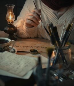 cozy artistic workspace with candlelight ambiance