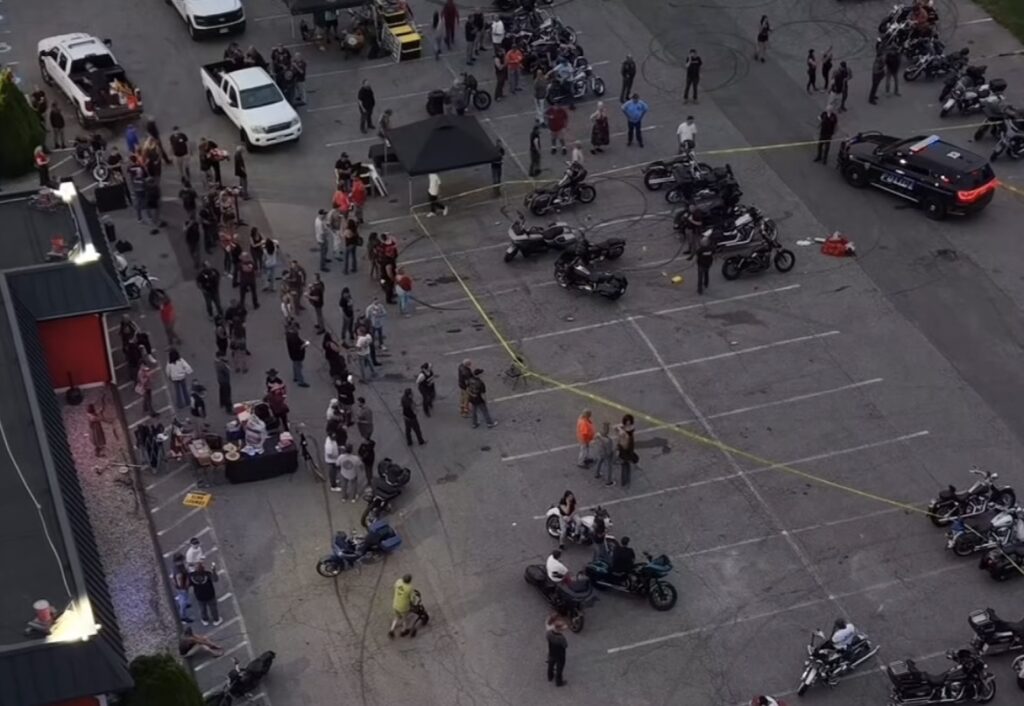 Southington, CT, USA, July 2026: Aerial photo following gunfire in parking lot.