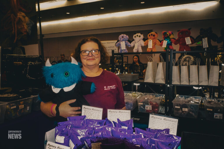 LOS ANGELES, CALIFORNIA – JULY 12, 2026: Artist and monster maker K. Howell displays one of her handmade monster creations at the Grimoire Academy Market, a two-day event featuring independent artists, makers, and small businesses celebrating gothic culture and alternative art in Los Angeles, California, on July 12, 2026. (Photo by Maria Cornejo/Presence News)