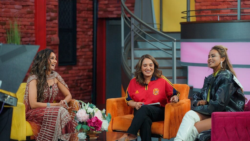 DTLA, CA, USA, July 2026: Sushila Yadav Designer, Yesica Lopez, Meenakshi Ravi during live show Manana Latina.