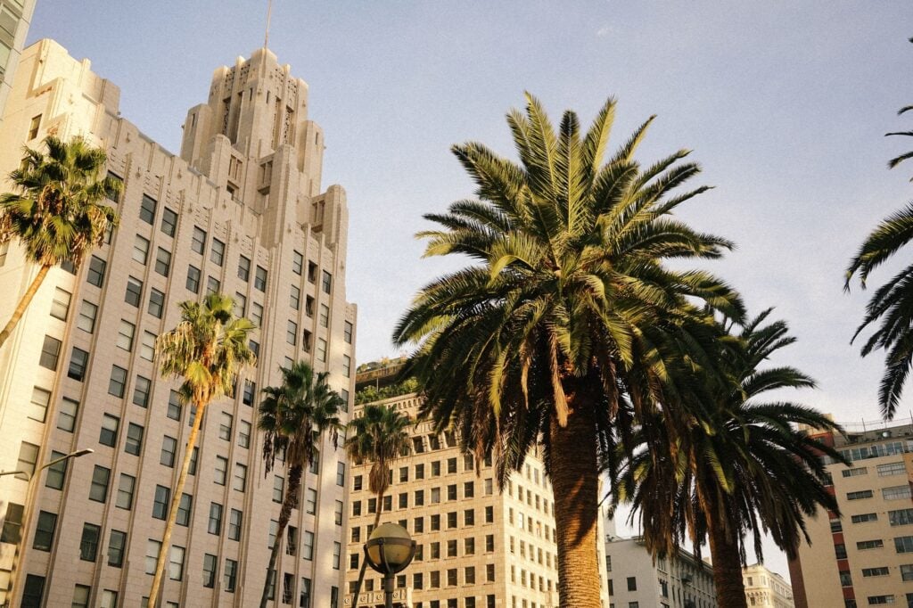 art deco building and palm trees in urban setting